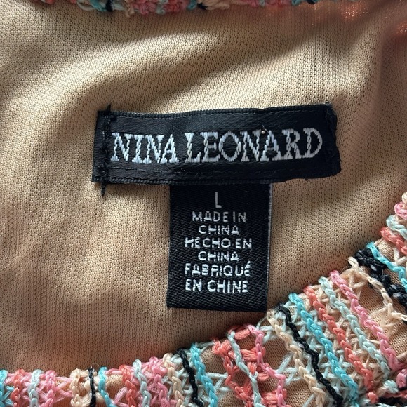 Women's Nina Leonard Crochet Striped Halter Maxi Dress LG  Coral Turquoise Boho - Picture 9 of 16